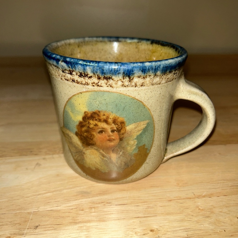 Monroe Salt Works Angel Mug Cherub Stoneware Cobalt Salt Glaze Signed Spiritual